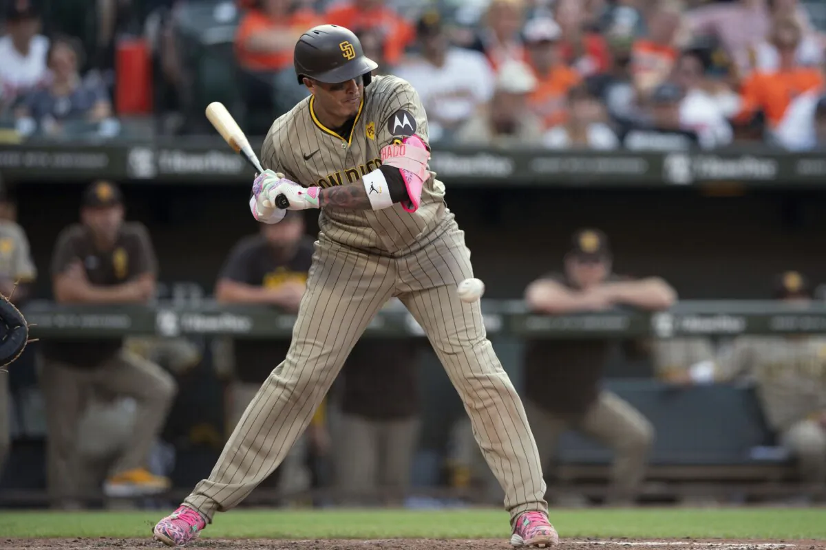 San Diego Padres' Manny Machado bats during the seventh inning of a baseball game against the Baltimore Orioles, in Baltimore on July 27, 2024. (Jose Luis Magana/AP Photo)