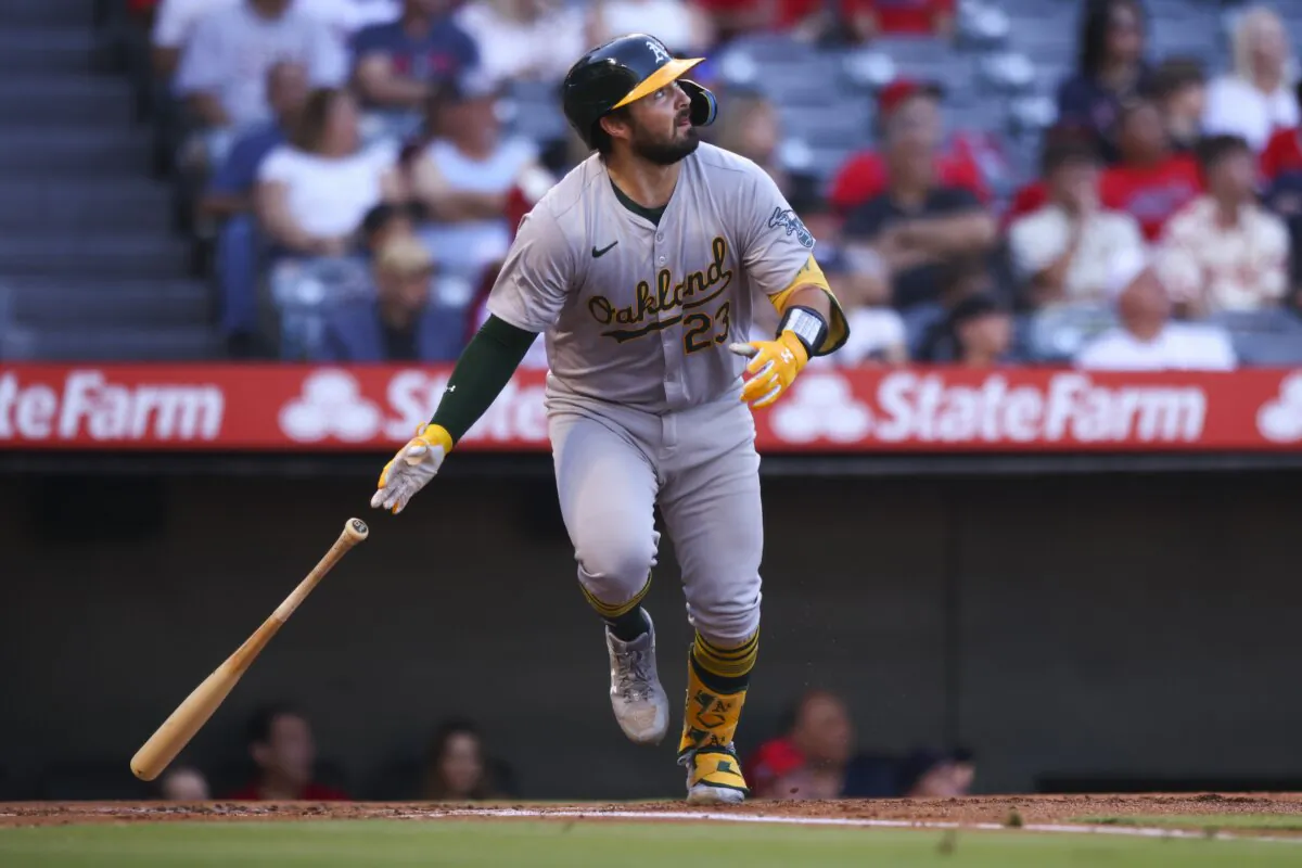 Oakland Athletics' Shea Langeliers drops his bat after hitting a home run during the first inning of a baseball game against the Los Angeles Angels in Anaheim, Calif., on July 27, 2024. (Jessie Alcheh/AP Photo)