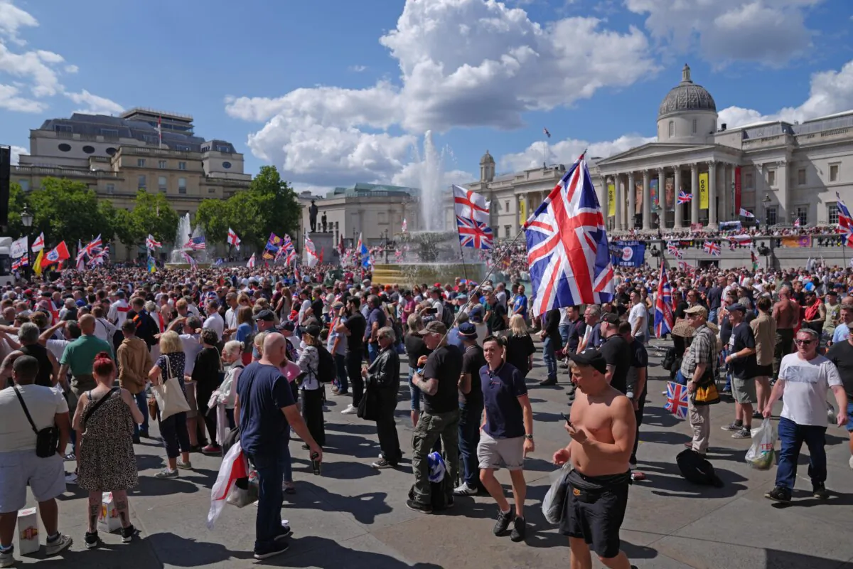 People gather at Trafalgar Square during a protest organised by Stephen Yaxley Lennon, who's better known by his alias Tommy Robinson, in central London on July 27, 2024. (Maja Smiejkowska/PA Wire)
