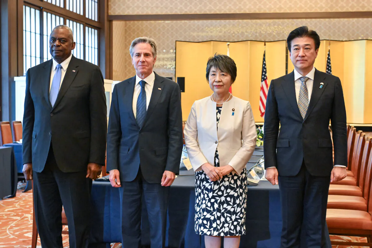 U.S. Secretary of State Antony Blinken (2nd L) and U.S. Secretary of Defense Lloyd Austin (L) pose with Japan's Foreign Minister Yoko Kamikawa (2nd R) and Japan's Defense Minister Minoru Kihara (R) at the start of the "Foreign and Defense Ministerial (2+2) Meeting" at the Iikura Guest House in Tokyo on July 28, 2024. (Kazuhiro Nogi/AFP via Getty Images)