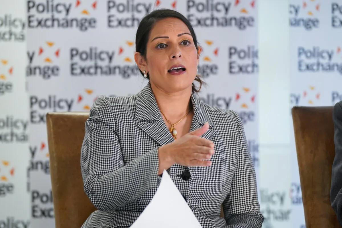 Former Home Secretary Priti Patel speaking at an event on policing at the Policy Exchange in Westminster, central London, on Jan. 24, 2024. (Lucy North/PA Wire)

