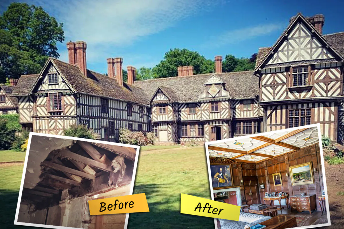 Pitchford Estate before and after renovations. (Illustration by The Epoch Times, Courtesy of Pitchford Estate and Mellanby FRSA)