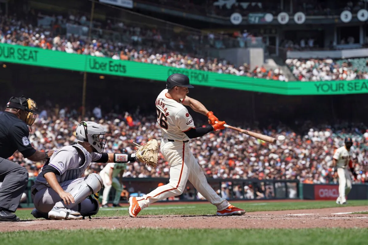 Matt Chapman of the San Francisco Giants delivers a two-run single against the Colorado Rockies in San Francisco on July 28, 2024. (Kavin Mistry/AP Photo)