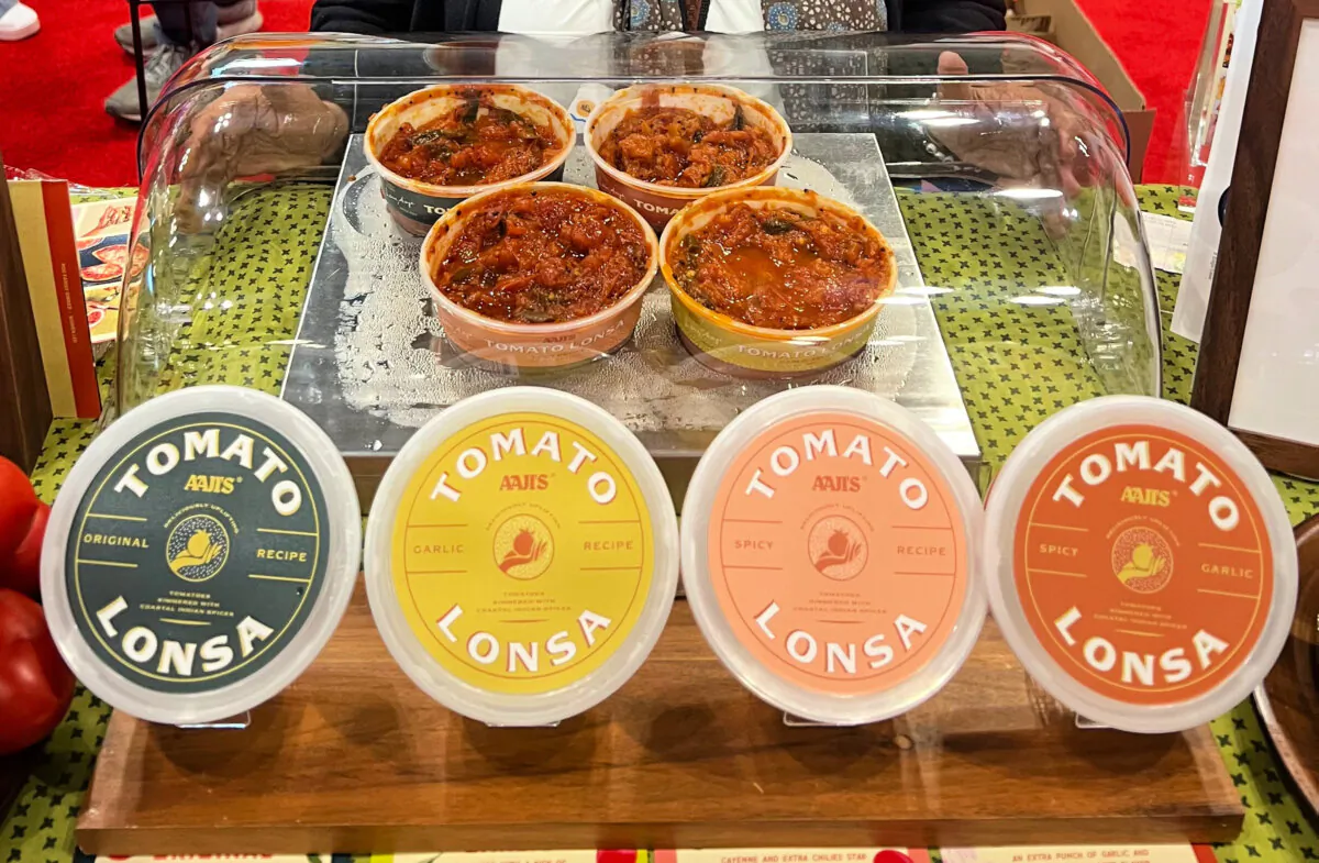 Both vegan and gluten-free, Aaji's Tomato Lonsa is made with fresh tomatoes and Indian spices, at the 2024 Summer Fancy Food Show in New York City .(Gretchen McKay/Pittsburgh Post-Gazette/TNS)