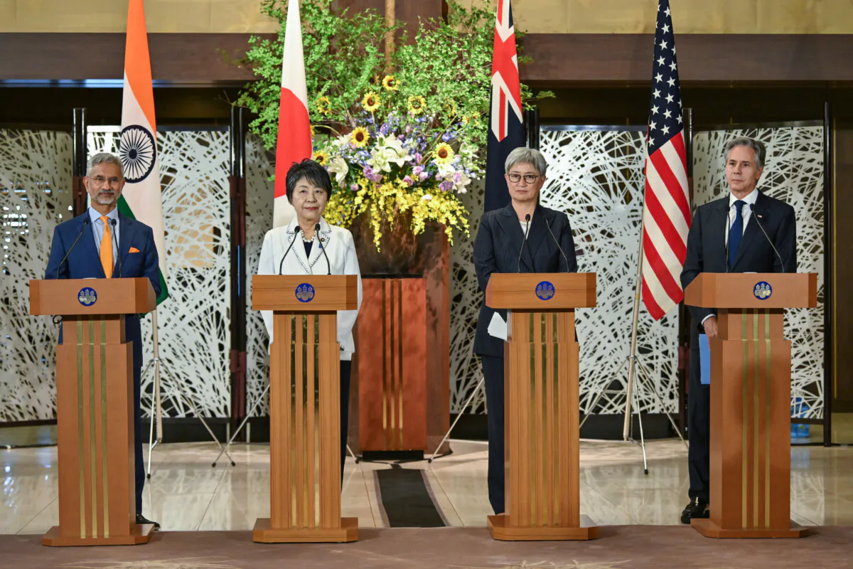 (L to R) Indian Foreign Minister Subrahmanyam Jaishankar, Japanese Foreign Minister Yoko Kamikawa, Australian Foreign Minister Penny Wong, and U.S. Secretary of State Antony Blinken take part in a press conference after the QUAD Ministerial Meeting at the Iikura Guest House in Tokyo on July 29, 2024. (Kazuhiro Nogi/AFP via Getty Images)