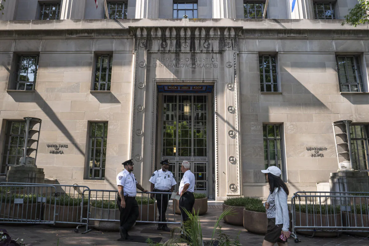 The Department of Justice (DOJ) in Washington on July 29, 2024. (Madalina Vasiliu/The Epoch Times)