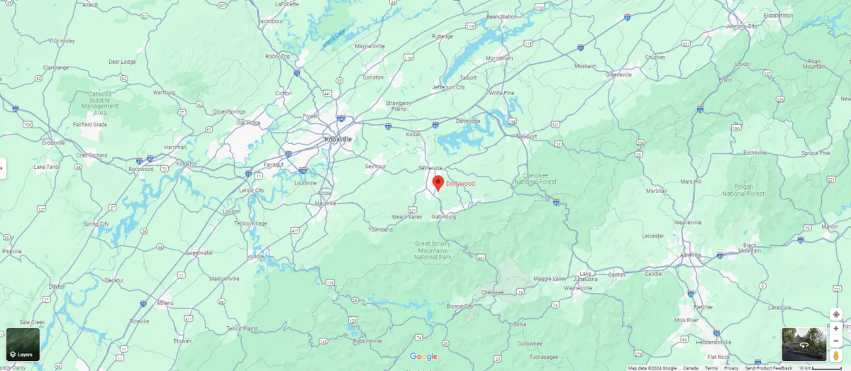 Strong thunderstorms brought flash flooding to Dolly Parton’s Dollywood in east Tennessee. (Screenshot via Google Map)