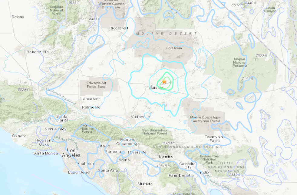 A map shows the location of an earthquake of magnitude 4.9 that struck near the California desert city of Barstow just after 1 p.m. local time on July 29, 2024. (USGS/Screenshot via The Epoch Times)