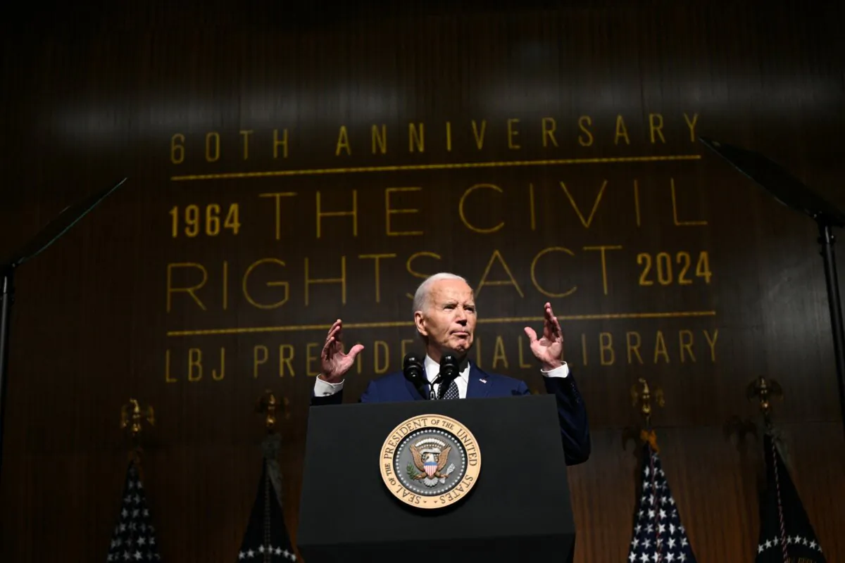 President Joe Biden speaks during a commemoration of the 60th anniversary of the Civil Rights Acts at the Lyndon B. Johnson presidential library in Austin, Texas, on July 29, 2024. (Photo by Brendan SmialowskiI / AFP)
