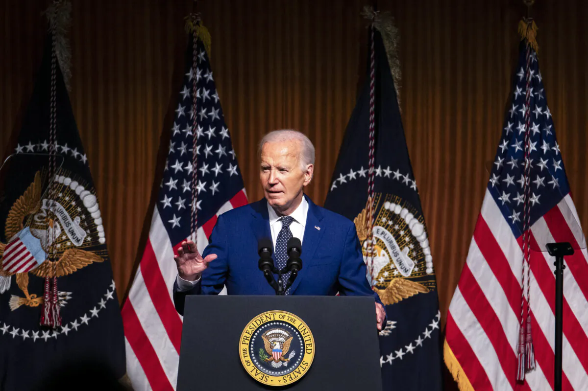 President Joe Biden speaks to attendees while commemorating the 60th anniversary of the Civil Rights Act at the Lyndon Baines Johnson Presidential Library in Austin, Texas, on July 29, 2024. (Brandon Bell/Getty Images)