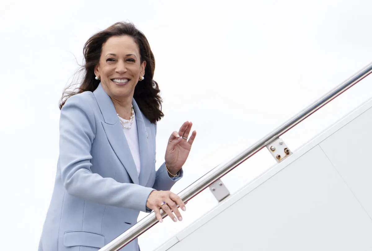 Vice President and 2024 Democratic presidential candidate Kamala Harris boards Air Force Two at Joint Base Andrews in Maryland, on July 30, 2024. (Erin Schaff/POOL/AFP via Getty Images)