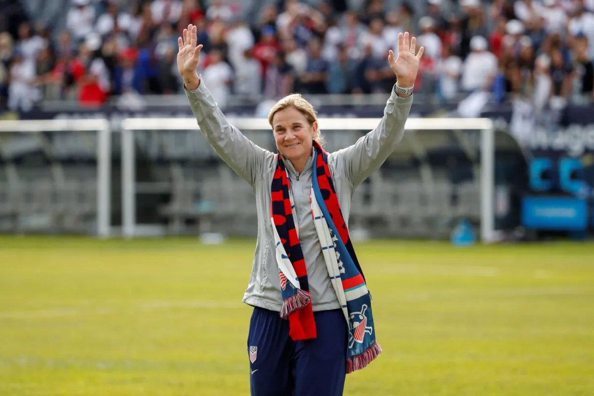 San Diego Wave President Jill Ellis, then coaching the U.S. women's national team, waves to the crowd after an international friendly match against South Korea in Chicago on Oct. 6, 2019. (Kamil Krzaczynski/AP Photo)