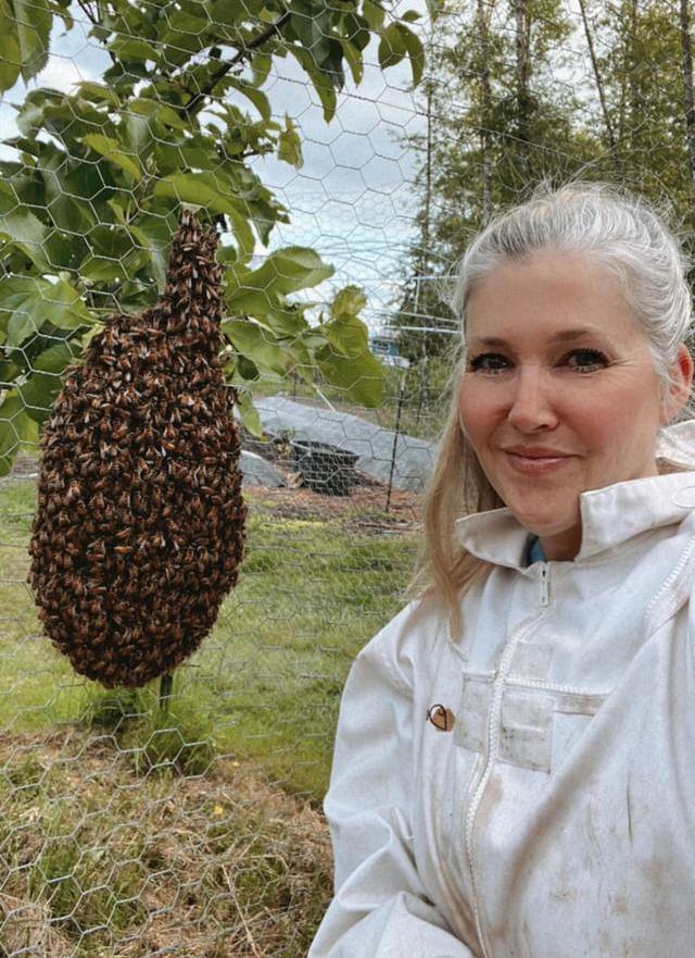 Ms. King with a hive.
