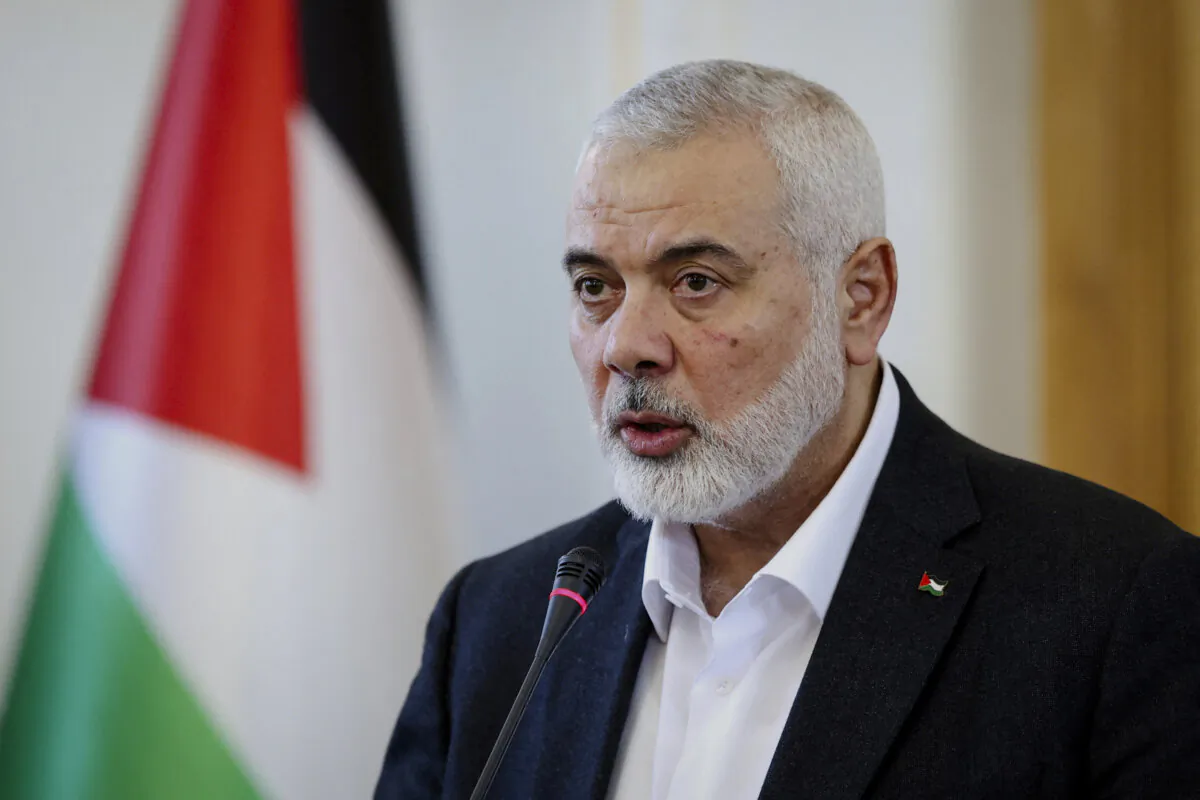 The Hamas terrorist group's top leader Ismail Haniyeh speaks during a press conference in Tehran, Iran, on March 26, 2024. (Majid Asgaripour/WANA via Reuters)