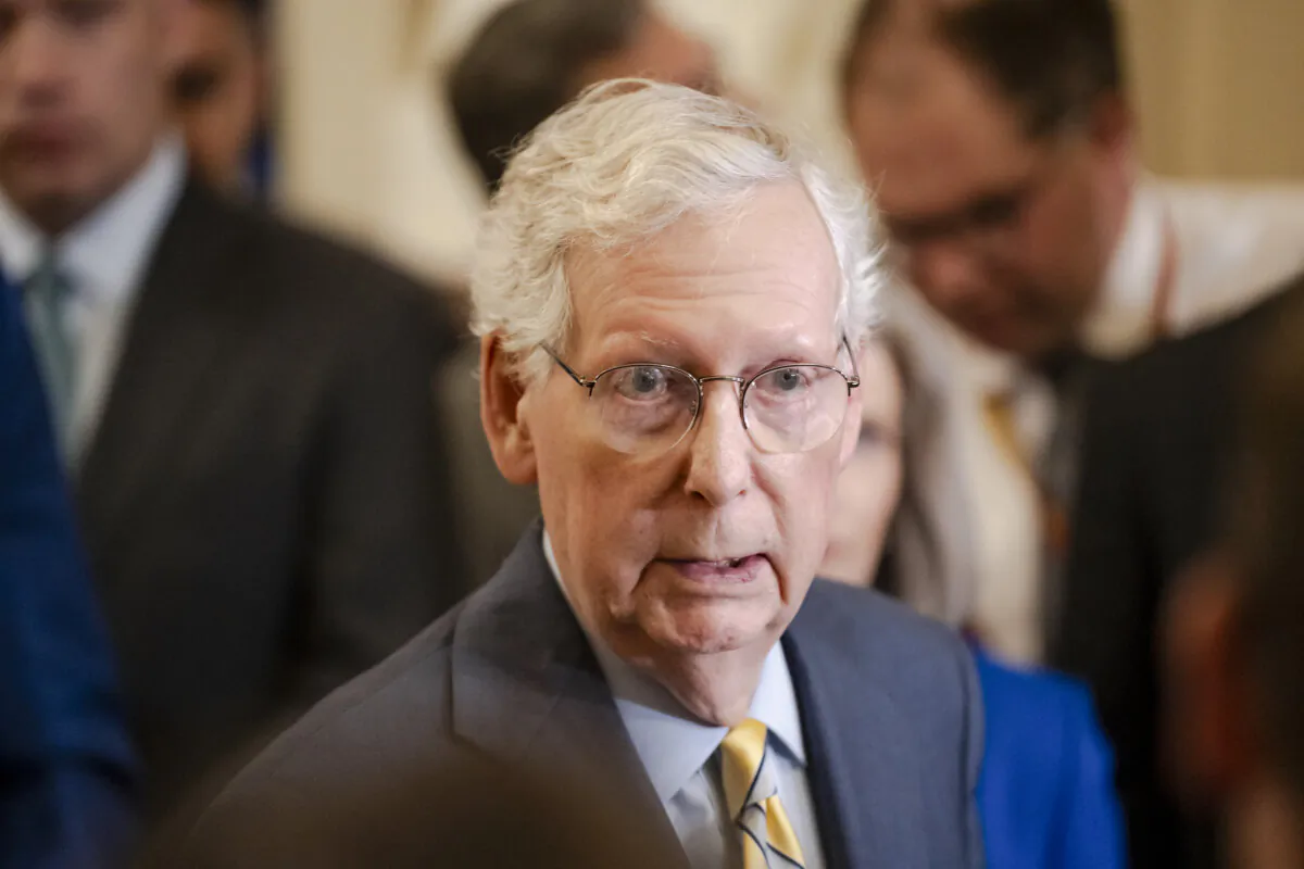 Sen. Mitch McConnell (R-Ky.) speaks during the weekly Senate presser in the U.S. Capitol building in Washington on July 9, 2024. (Madalina Vasiliu/The Epoch Times)