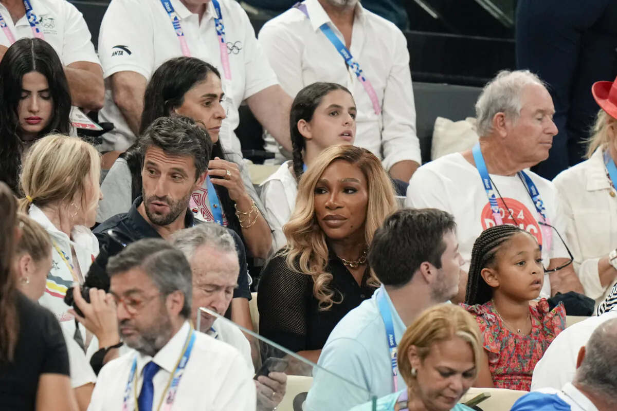 Serena Williams in the stands before the women’s artistic gymnastics team finals round at Bercy Arena in Paris, France, on July 30, 2024. (Natacha Pisarenko/AP Photo)