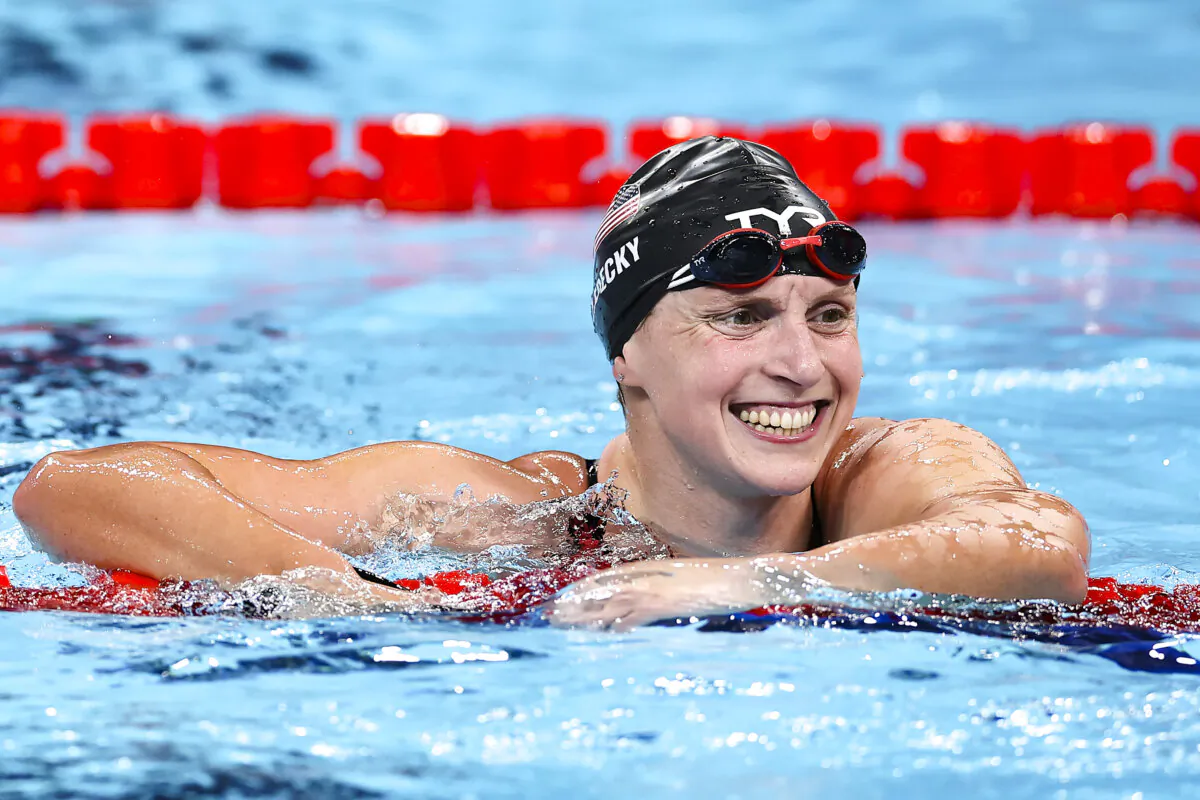 Katie Ledecky of Team United States celebrates after winning gold in the Women's 1500m Freestyle Final on day five of the Olympic Games Paris 2024 at Paris La Defense Arena in Nanterre, France, on July 31, 2024. (Maddie Meyer/Getty Images)