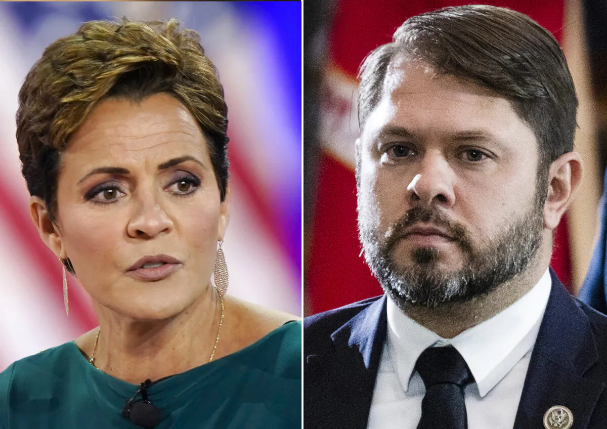 (Left) Kari Lake speaks in Dallas on Aug. 5, 2022, and (right) Rep. Ruben Gallego (D-Ariz.) in the Capitol on July 14, 2022. (AP Photo)