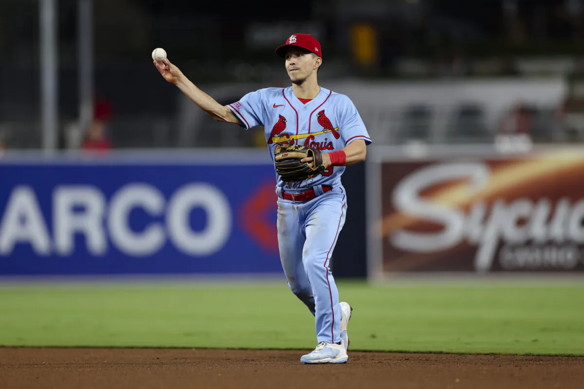 Tommy Edman of the St. Louis Cardinals fields a ground ball during a game against the San Diego Padres at PETCO Park in San Diego, California, on September 23, 2023. (Sean M. Haffey/Getty Images)