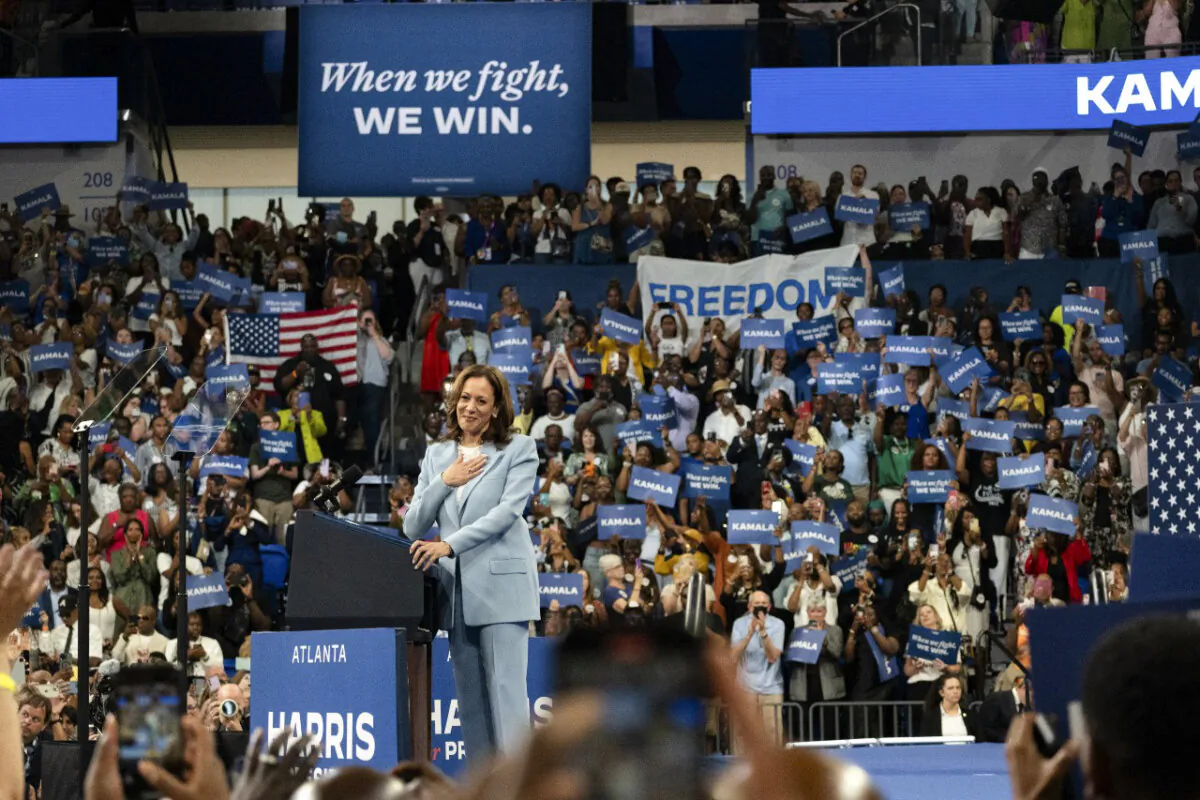 Democratic presidential candidate Vice President Kamala Harris holds a campaign rally at the Georgia State Convocation Center in Atlanta on July 30, 2024. (Megan Varner/Getty Images)