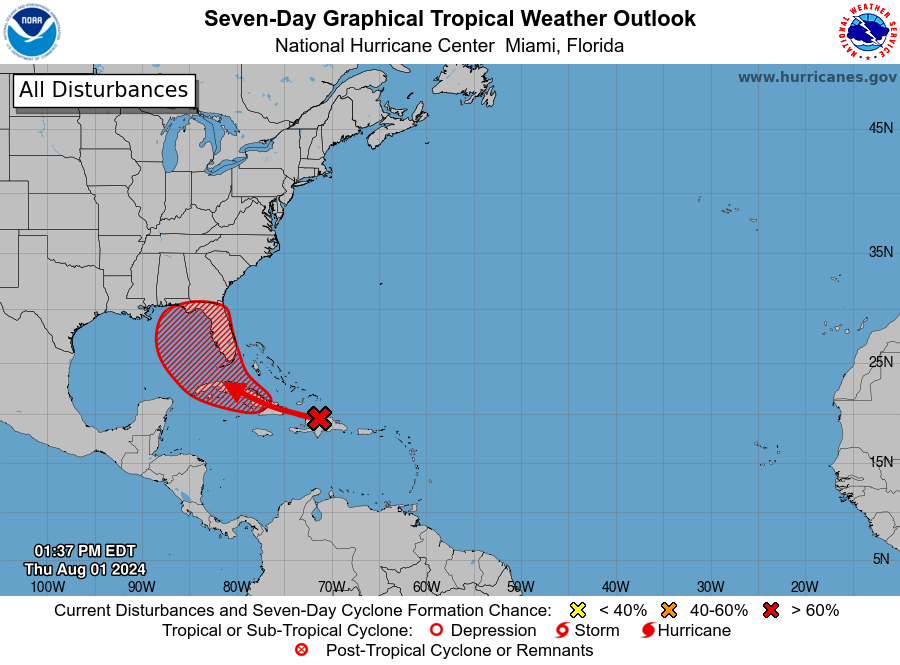 The National Hurricane Center's tropical weather outlook on Aug. 1, 2024, for what could become Tropical Depression Debby. (National Hurricane Center/National Weather Service).