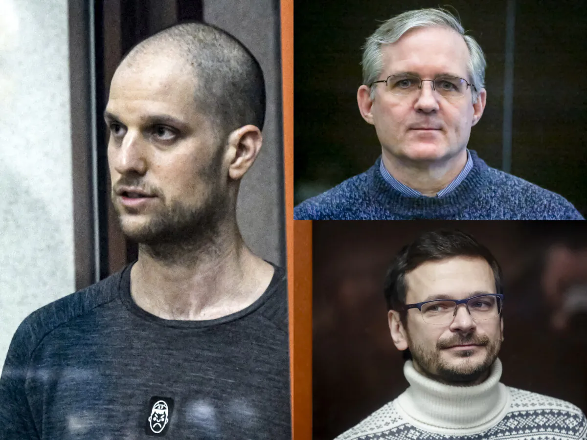 This photo combination shows Wall Street Journal reporter Evan Gershkovich, left, corporate security executive Paul Whelan, top right, and Russian opposition figure Ilya Yashin. (AP Photo)