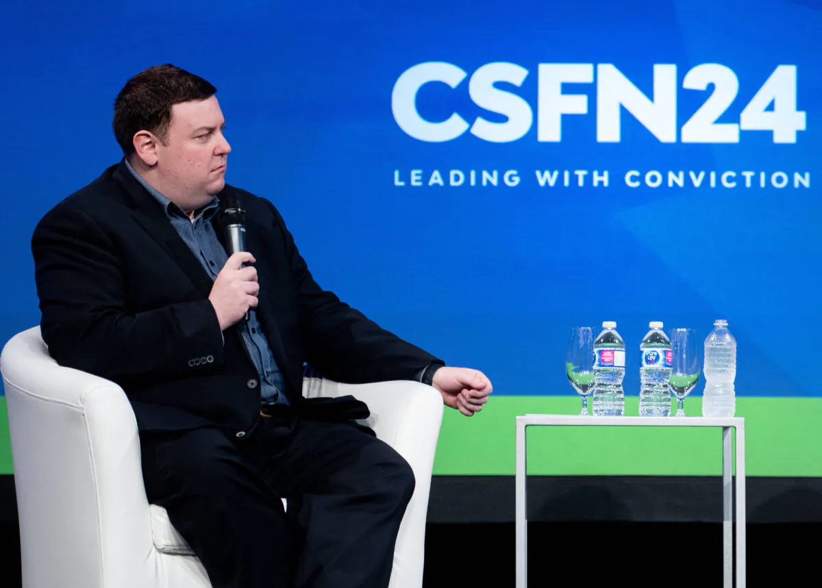 Andrew Lawton speaks during the Canada Strong and Free Network event in Ottawa on April 12, 2024. (The Canadian Press/Spencer Colby)