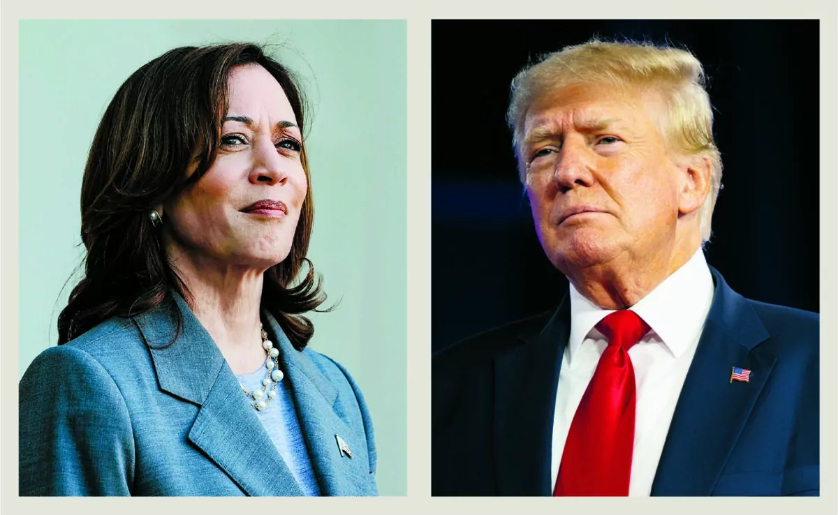(Left) U.S. Vice President Kamala Harris at the White House in Washington on March 18, 2024. (Right) Former U.S. President Donald Trump in Mason City, Iowa, on Jan. 5, 2024. (Anna Moneymaker; Brandon Bell/Getty Images)