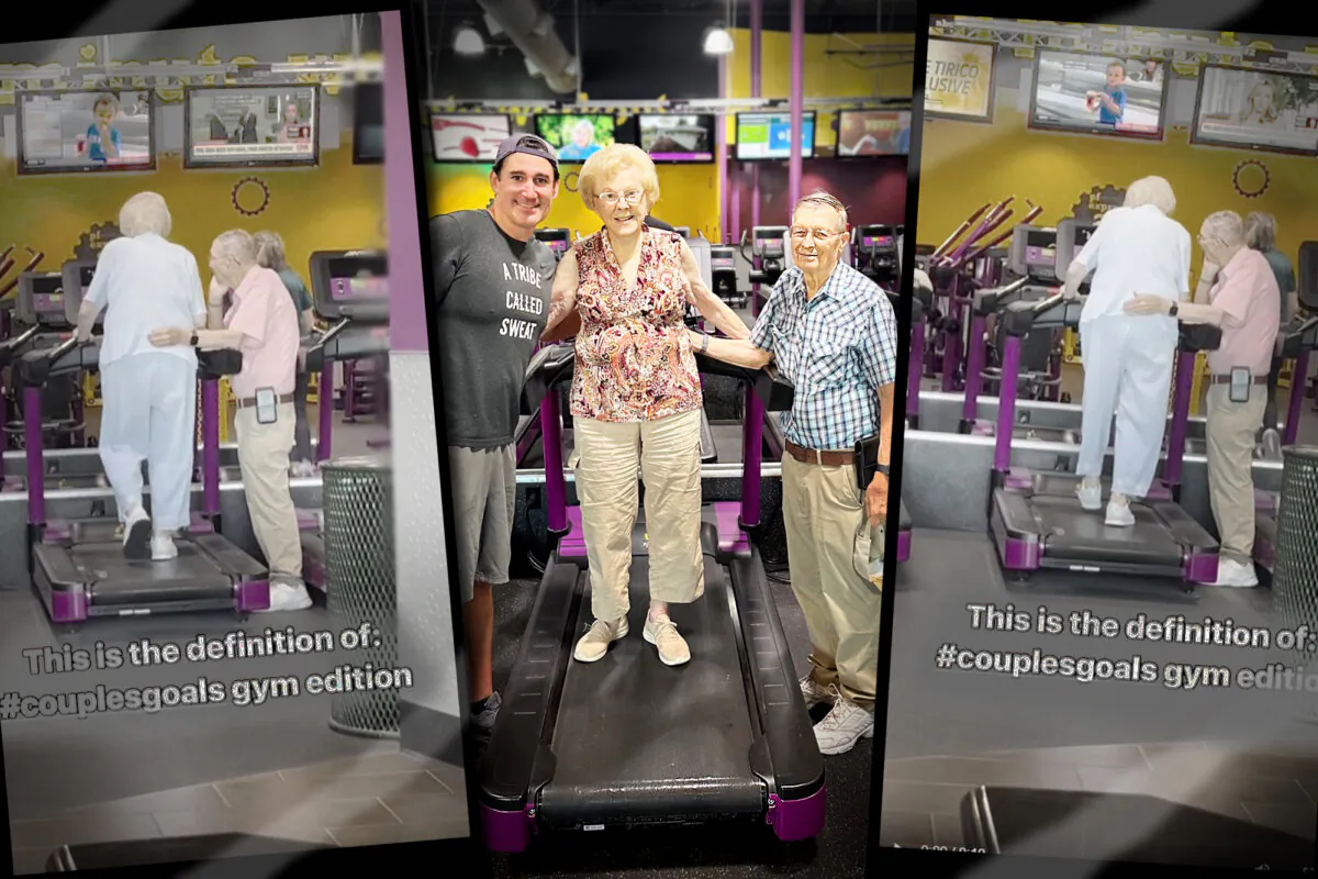An elderly couple from Southern California went viral after the husband was videoed helping his wife on a treadmill. ((Left and Right) Courtesy of Kelley Edwards/ (Center) Donna Howard)