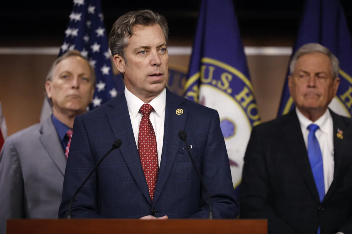 Rep. Andy Ogles (R-Tenn.) talks to reporters with fellow Freedom Caucus members Rep. Andy Biggs (R-Ariz.) (L) and Rep. Ralph Norman (R-S.C.) about their Stand with Israel resolution at the U.S. Capitol Visitors Center in Washington on March 5, 2024. (Chip Somodevilla/Getty Images)
