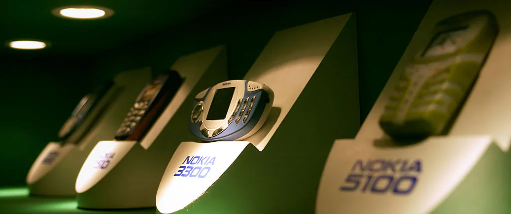Nokia products on display at the "Mobile Life" exhibition June 13, 2003 at Earls Court Exhibition Center in London. (Bruno Vincent/Getty Images)
