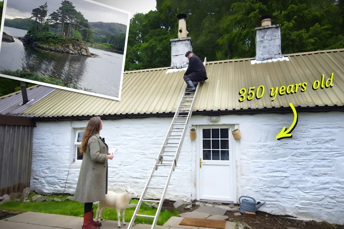 The Petersens work on their stone cottage in the Hebrides isles. (Illustration by The Epoch Times, Courtesy of Katie Petersen/The Scottish Isle)