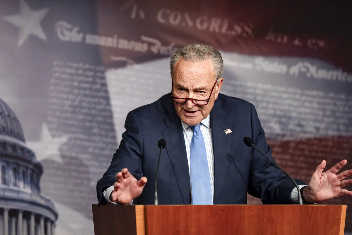 Sen. Chuck Schumer (D-N.Y.) speaks during a news conference at the U.S. Capitol on Aug. 1, 2024. (Kent Nishimura/Getty Images)