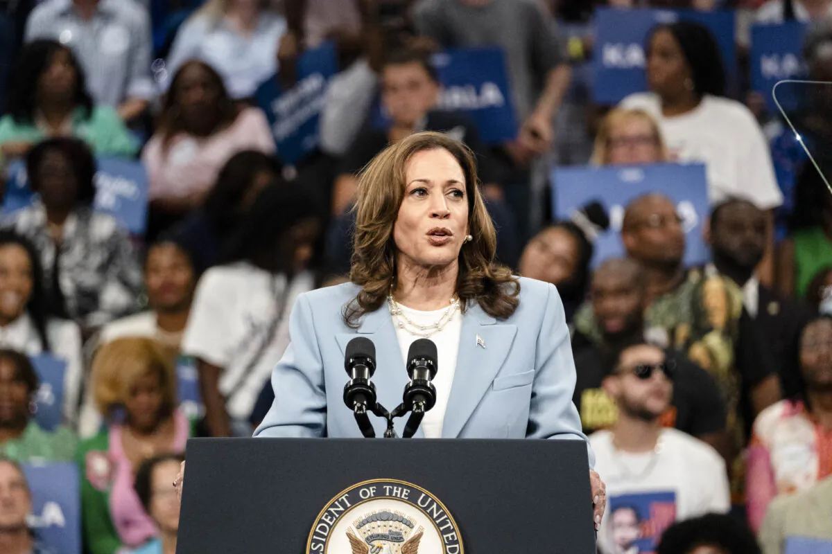 Democratic presidential candidate, U.S. Vice President Kamala Harris speaks at a campaign rally at the Georgia State Convocation Center in Atlanta on July 30, 2024. (Megan Varner/Getty Images)