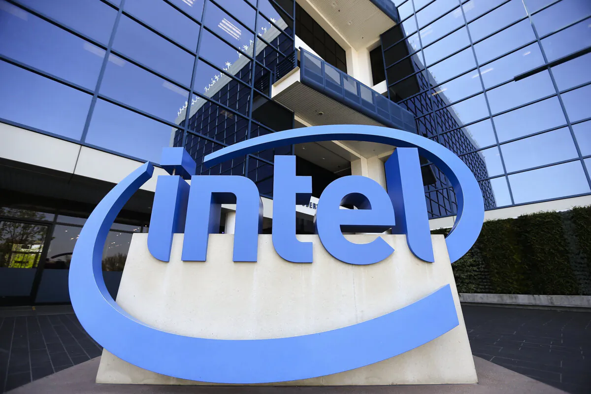 The Intel logo is displayed outside of the Intel headquarters in Santa Clara, Calif., on April 26, 2018. (Justin Sullivan/Getty Images)