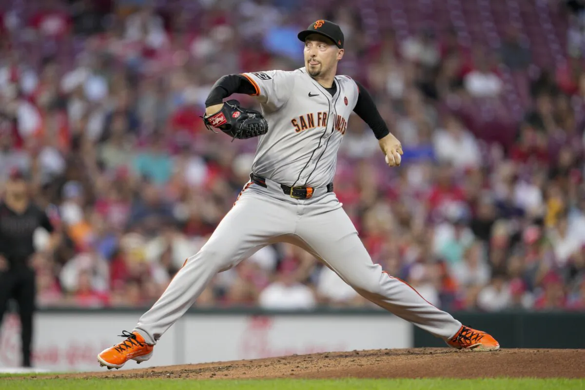 San Francisco Giants pitcher Blake Snell throws during the second inning of a baseball game against the Cincinnati Reds in Cincinnati on Aug. 2, 2024. (Jeff Dean/AP Photo)