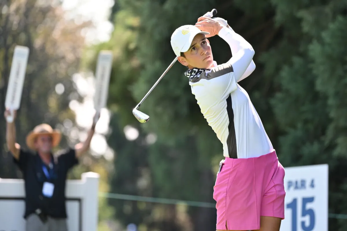 Dewi Weber of the Netherlands plays her shot from the 15th tee  during the second round of the Portland Classic in Portland on August 2, 2024. (Alika Jenner/Getty Images)