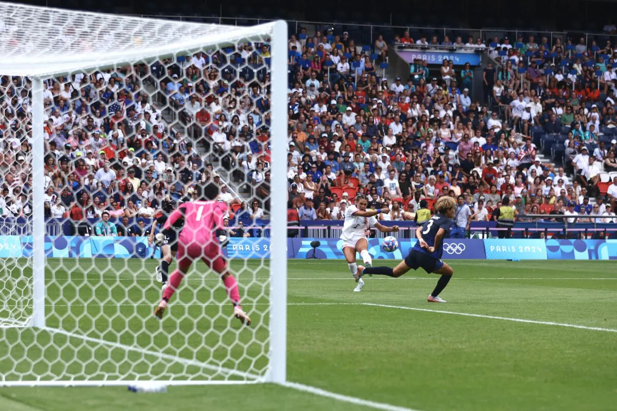 Trinity Rodman (5) of Team United States scores her team's winning goal during the Women's Quarterfinal match between United States and Japan during the Olympic Games Paris 2024 at Parc des Princes in Paris on August 3, 2024. (Marc Atkins/Getty Images)