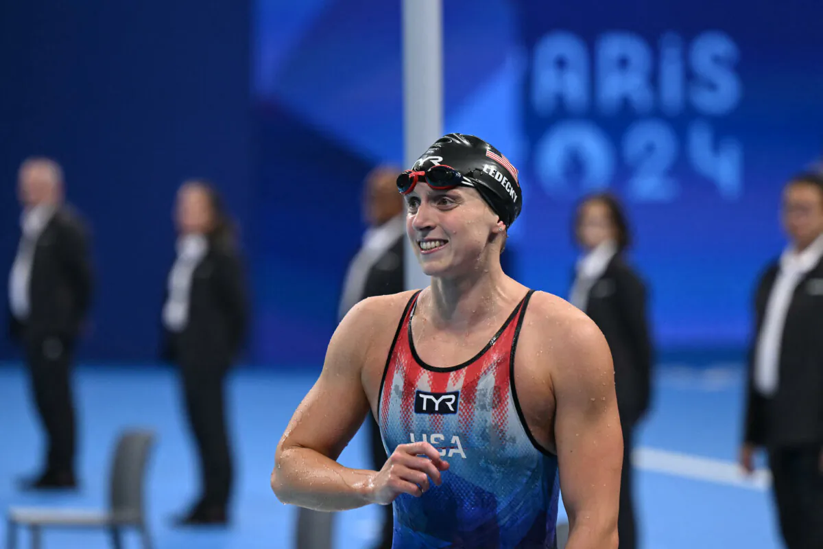 U.S. swimmer Katie Ledecky celebrates after winning the final of the women's 800m freestyle swimming event during the Paris 2024 Olympic Games in Nanterre, west of Paris, on Aug. 3, 2024. (Jonathan Nackstrand/AFP via Getty Images)