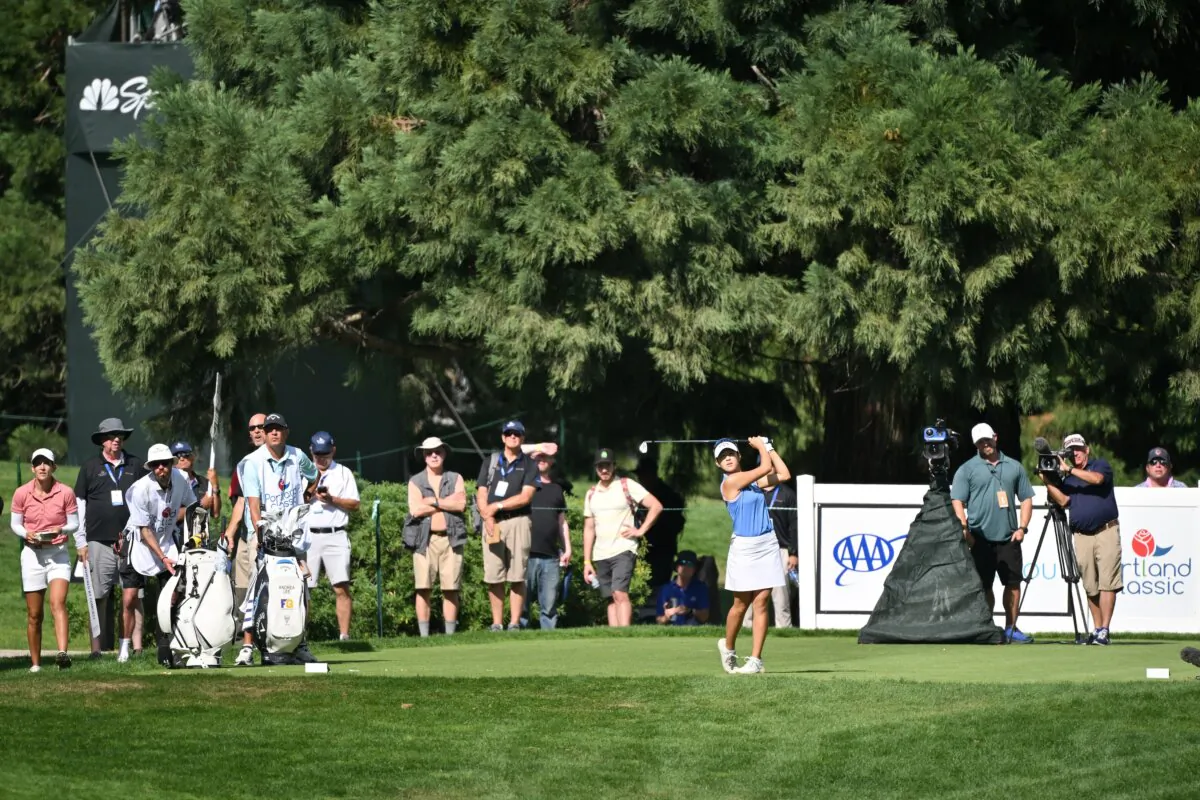 Andrea Lee of the United States plays her shot from the 16th tee during the third round of the Portland Classic in Portland, Ore., on Aug. 3, 2024. (Alika Jenner/Getty Images)