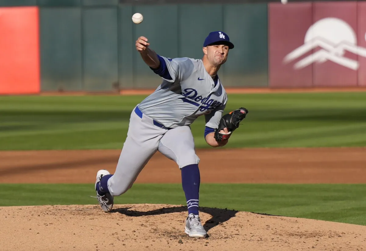 Jack Flaherty (0) of the Los Angeles Dodgers pitches against the Oakland Athletics in the bottom of the first inning in Oakland on August 3, 2024. (Thearon W. Henderson/Getty Images)
