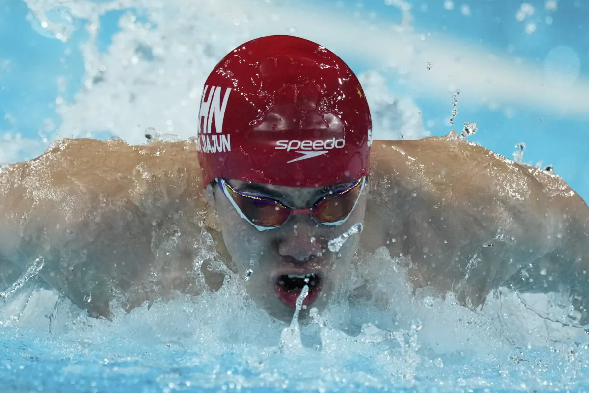 China's Sun Jiajun competes in the men's 4x100-meter medley relay final at the Summer Olympics in Nanterre, France, on Aug. 4, 2024. (Natacha Pisarenko/AP Photo)