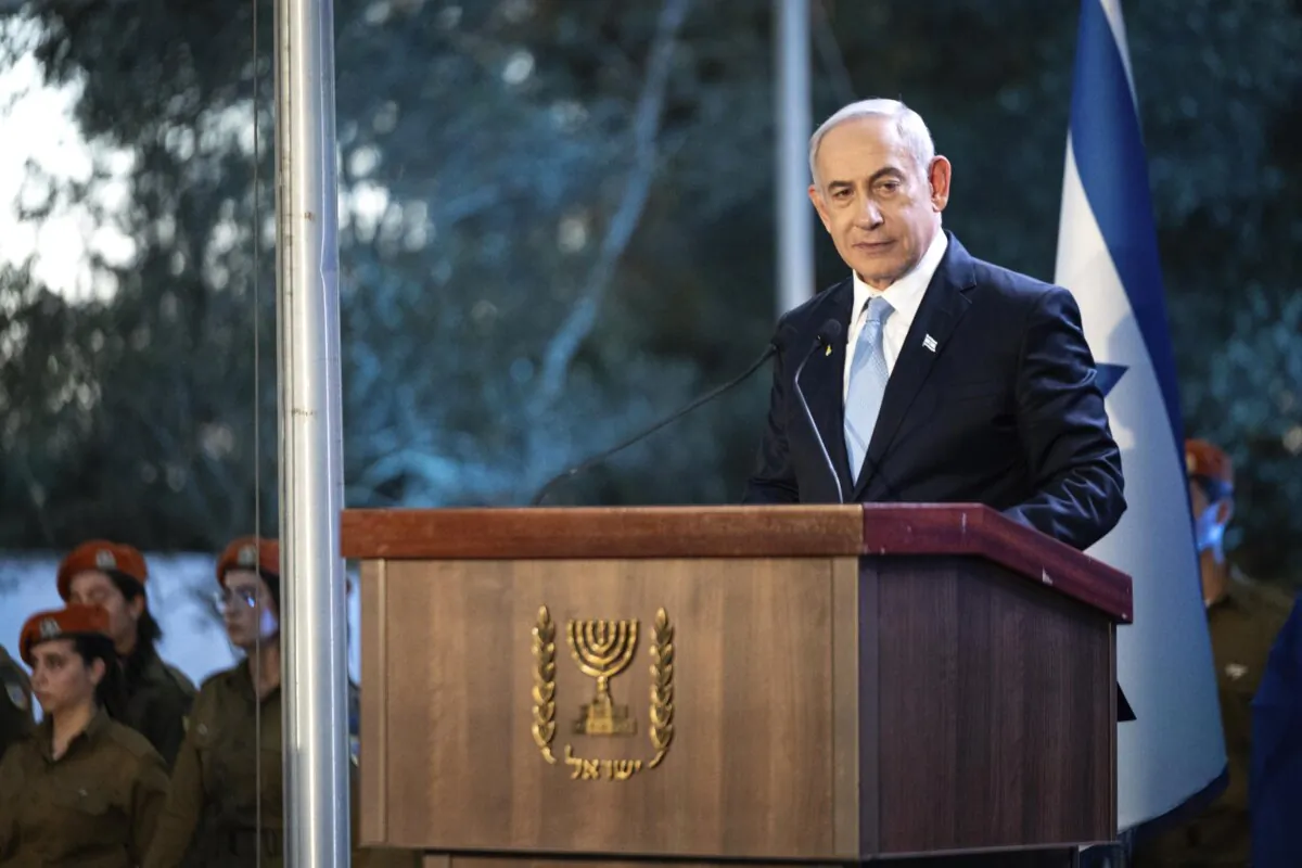 Israeli Prime Minister Benjamin Netanyahu speaks at the state memorial for Ze'ev Jabotinsky, at Mount Herzl Military Cemetery in Jerusalem on Aug. 4, 2024. (Naama Grynbaum/Pool Photo via AP)