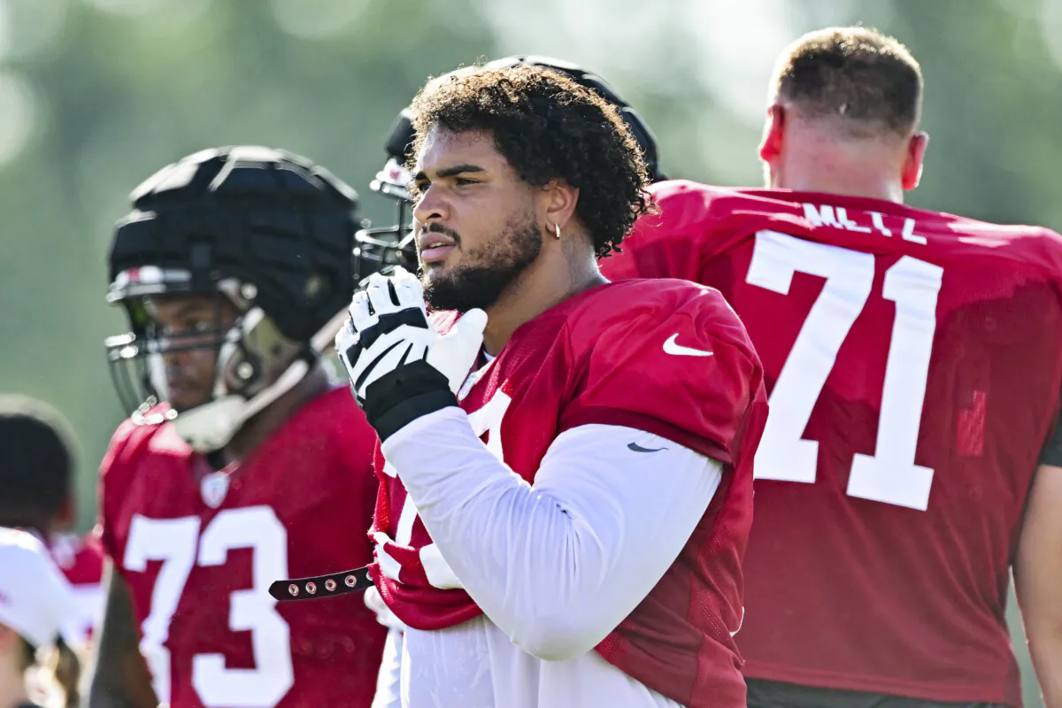 Tristan Wirfs #78 of the Tampa Bay Buccaneers looks on during training camp at AdventHealth Training Center in Tampa, Fla,, on July 29, 2024. (Julio Aguilar/Getty Images)