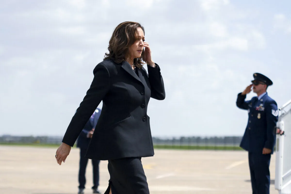 Vice President and 2024 Democratic presidential candidate Kamala Harris walks to deliver remarks before departing George Bush Intercontinental Airport in Houston, Texas, on Aug. 1, 2024. (Mark Felix/AFP via Getty Images)