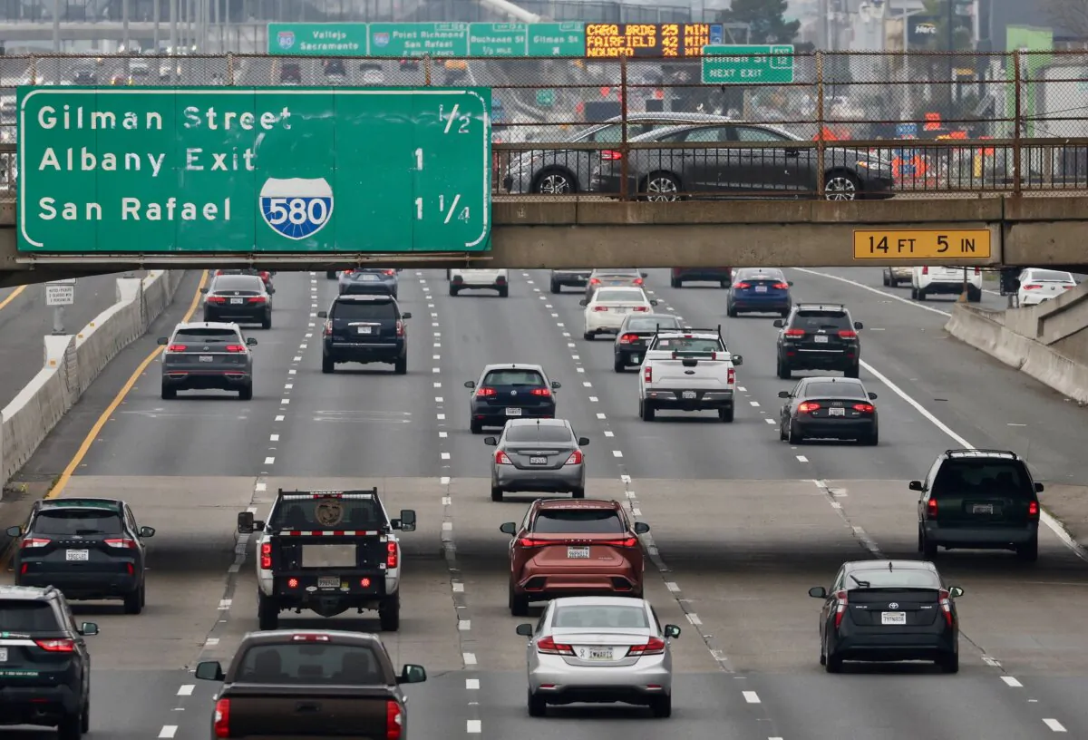 Cars travel along Interstate 80 in Berkeley, Calif., on Jan. 16, 2024. (Justin Sullivan/Getty Images)