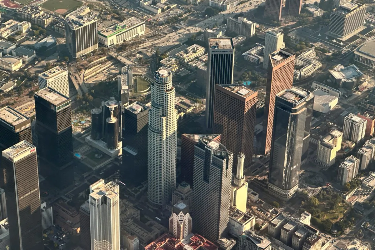 An aerial image taken shows the 110 Freeway and buildings in the financial district in Downtown Los Angeles on July 3, 2024. (Patrick T. Fallon/AFP via Getty Images)