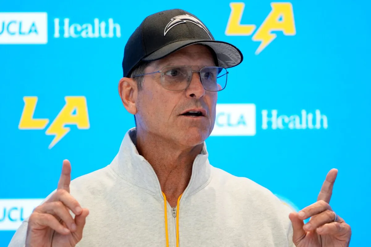 Los Angeles Chargers Coach Jim Harbaugh speaks at a training-camp news conference in El Segundo, Calif., on July 29, 2024. (Ryan Sun/AP Photo)