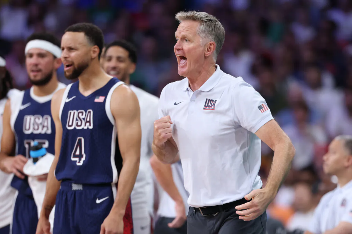 Team USA Coach Steve Kerr reacts to a play during a game against Serbia at the Olympics in Lille, France on July 28, 2024. (Gregory Shamus/Getty Images)