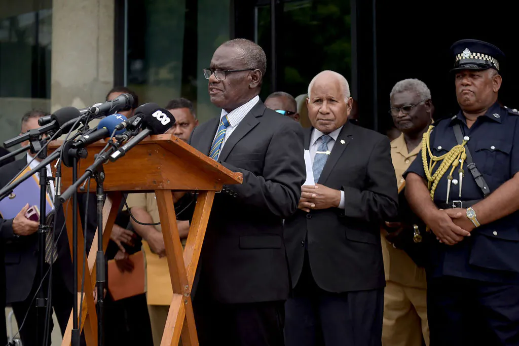 Solomon Islands' newly elected Prime Minister Jeremiah Manele speaks during a press conference outside Parliament House in Honiara on May 2, 2024. (ALARICS FUGUI/AFP via Getty Images)